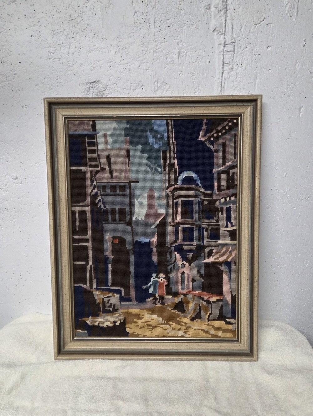 Vintage Mid-Century Needlepoint — European Street Scene Tapestry Art (22” x 17.5